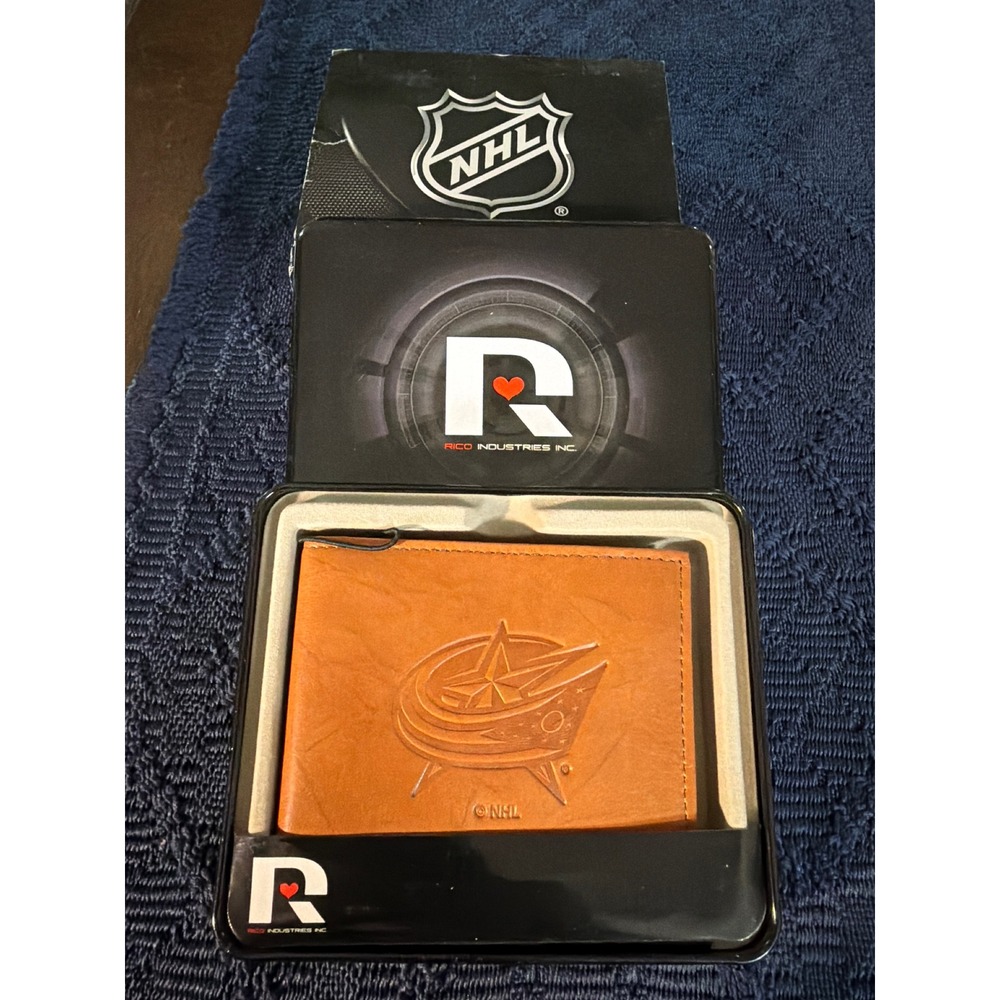 NHL Columbus Blue Jackets Rico Industries Tan Leather Bifold Wallet in Gift Tin